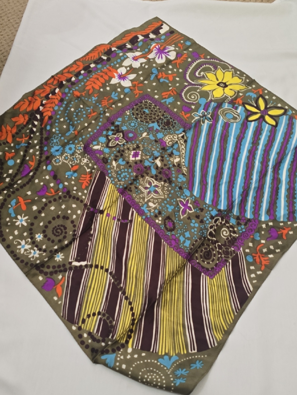 Boho Floral Patchwork Scarf‎ in Olive Green